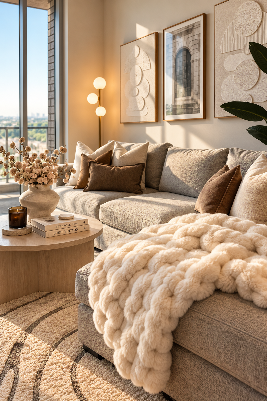 Sunlit living room with a neutral sofa, textured artwork and warm layered textiles