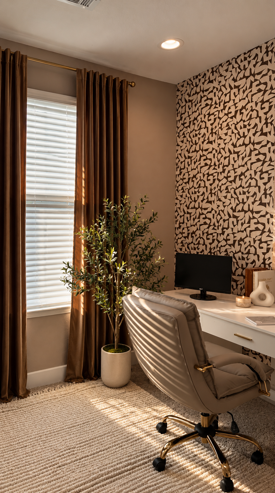 Home office with patterned wallpaper, velvet curtains and a warm neutral desk chair