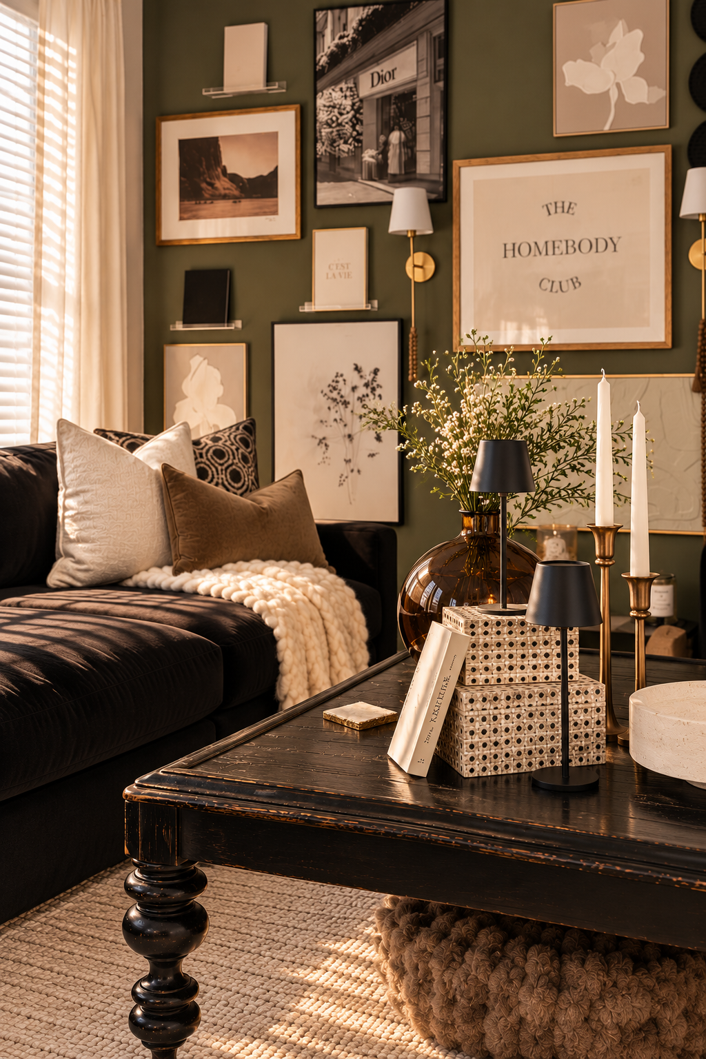 Layered neutral living room with abstract artwork and warm lighting