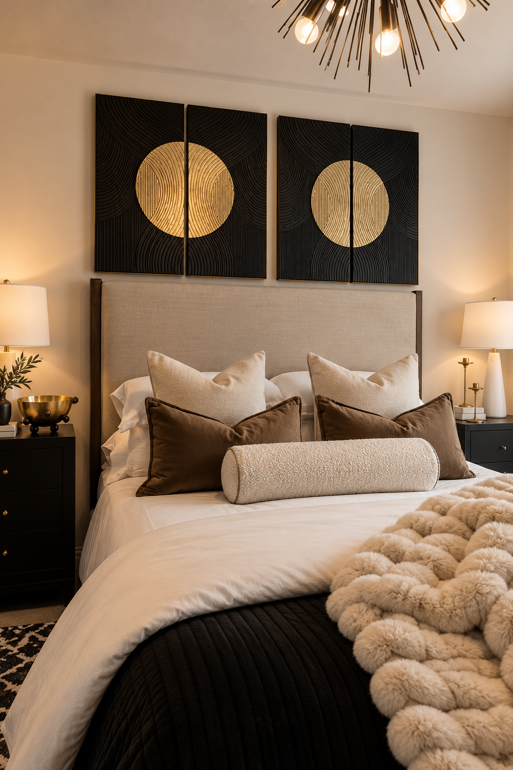 Neutral bedroom with black and gold artwork and textured bedding