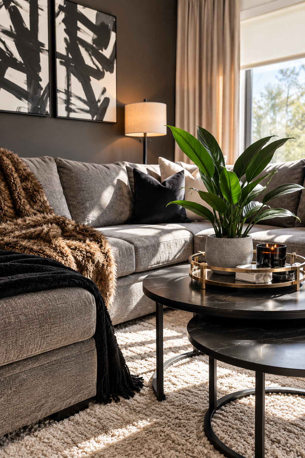 Virtual room design board with furniture and styling selections