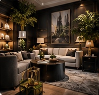 Warm apartment living room with layered seating and styling