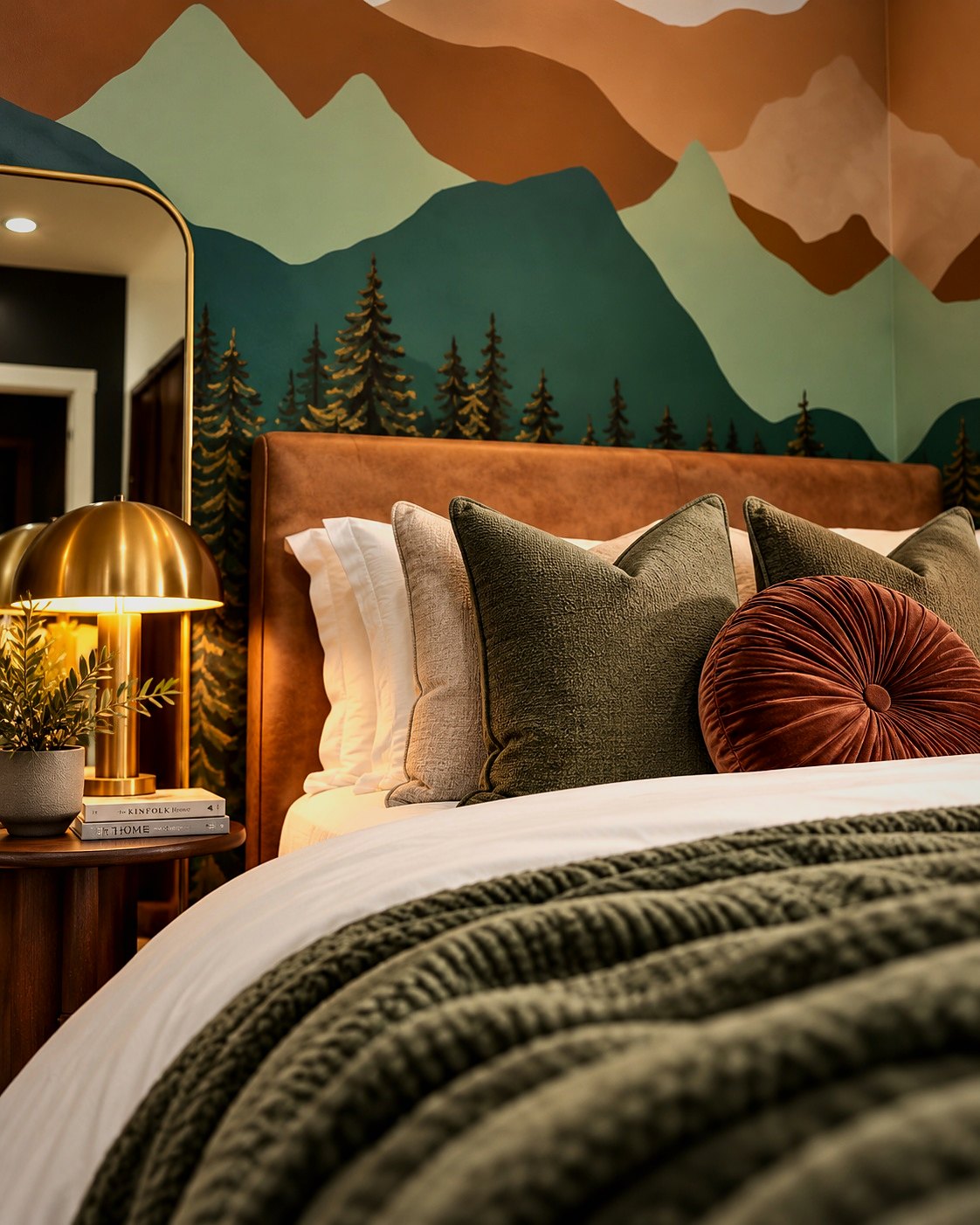 A mountain mural bedroom with warm brass lighting and layered pillows